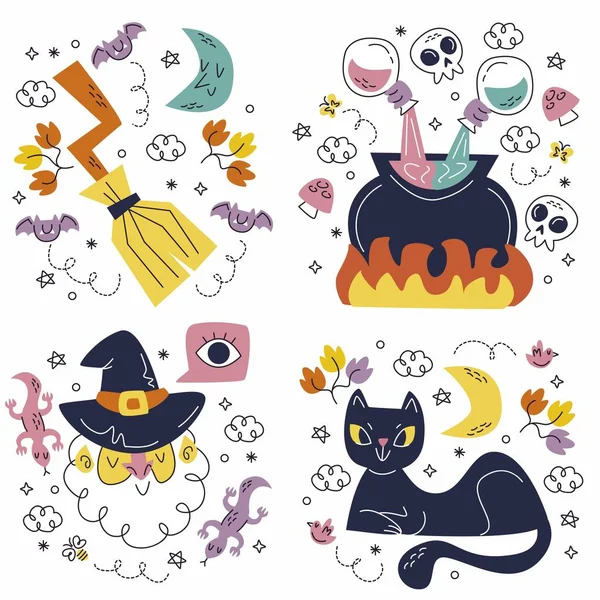 Doodle Hand Drawn Halloween Sticker Set Vector Design Illustration — Stock Vector