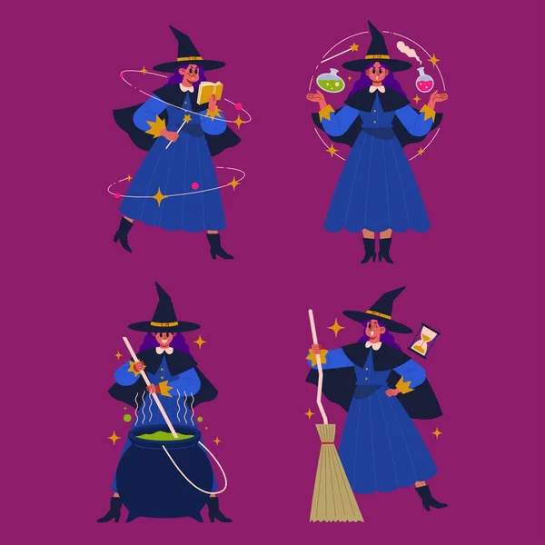 Hand Drawn Flat Halloween Witches Collection Vector Design Illustration — Stock Vector