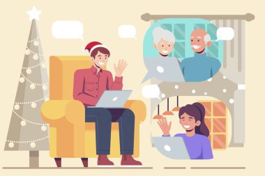 Yılbaşı aile video çağrısı vektör tasarımı illüstrasyonu