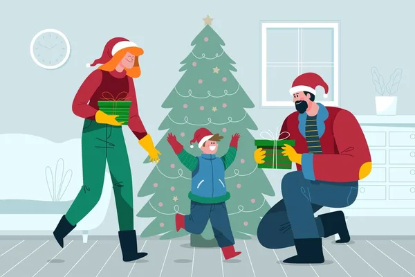 Weihnachten Familie Szene Konzept Hand Gezeichnet Vektor Design Illustration — Stockvektor