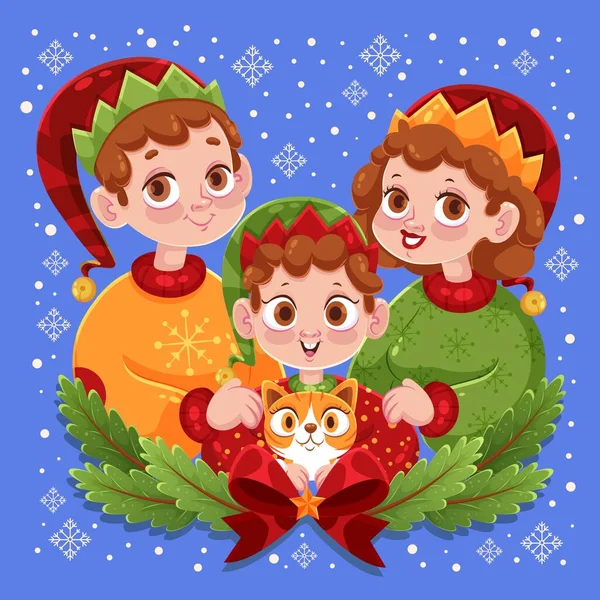 Parents Enfant Avec Chat Famille Noël Scène Vectoriel Conception Illustration — Image vectorielle