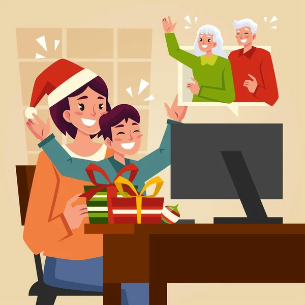 Navidad Familia Videocall Vector Diseño Ilustración — Archivo Imágenes Vectoriales