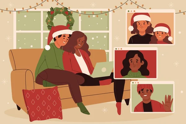 Illustration Conception Vectorielle Vidéocall Famille Noël — Image vectorielle