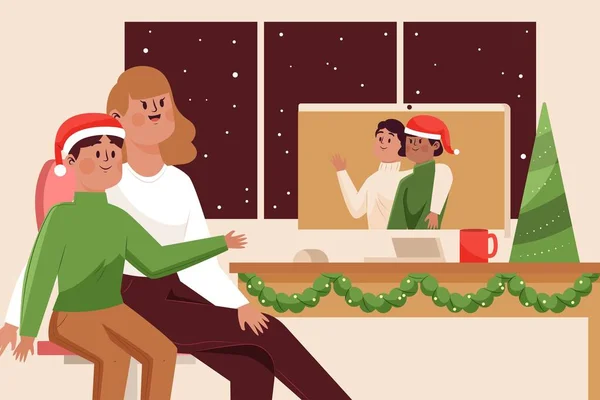 Illustration Conception Vectorielle Vidéocall Famille Noël — Image vectorielle