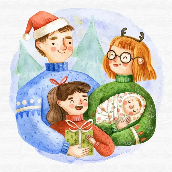 Aquarela Natal Família Cena Vetor Design Ilustração — Vetor de Stock