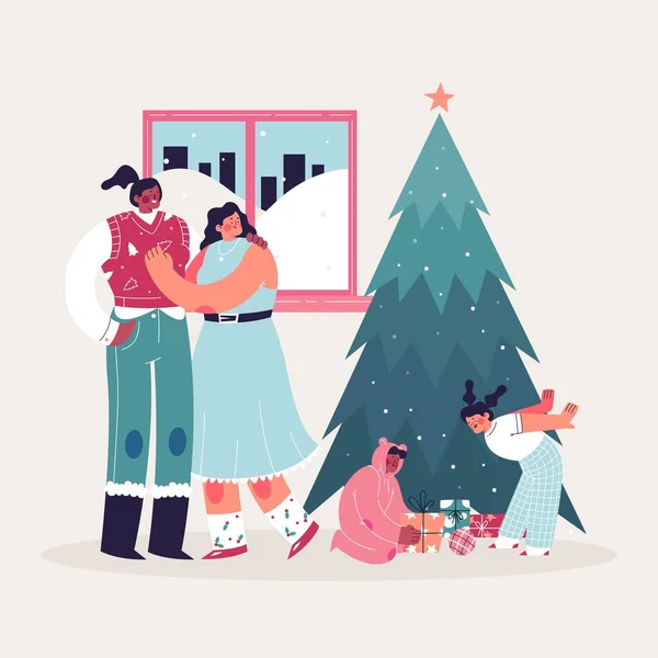Ručně Kreslené Vánoční Rodinná Scéna Vektorový Design Ilustrace — Stockový vektor