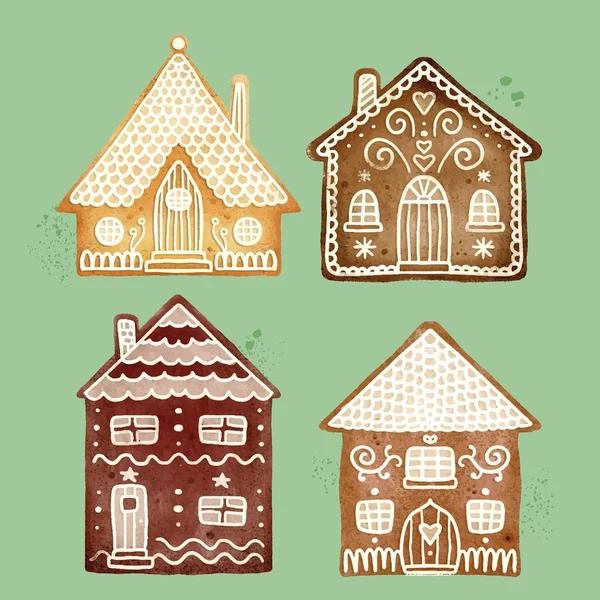 Watercolor Gingerbread House Collection Vector Design Illustration — Stock Vector