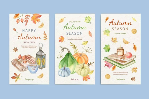 Watercolor Autumn Instagram Stories Collection Vector Design Illustration — Stock Vector
