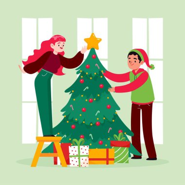 Noel ağacı süslemesi sahne vektör tasarımı illüstrasyonu