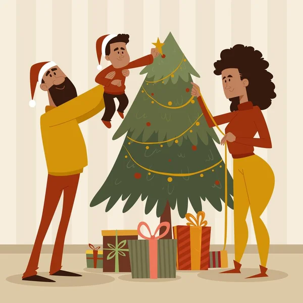 クリスマスツリーの装飾シーンベクトルのデザインイラスト — ストックベクタ