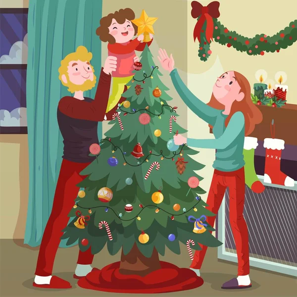 Árbol Navidad Decoración Escena Vector Diseño Ilustración — Archivo Imágenes Vectoriales