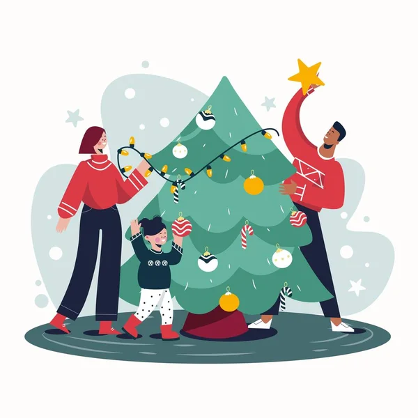 Kerstboom Decoratie Scène Vector Ontwerp Illustratie — Stockvector