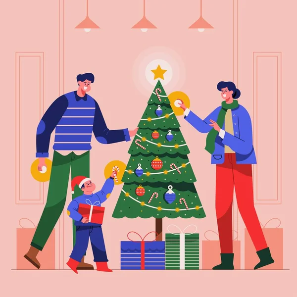 Kerstboom Decoratie Scène Vector Ontwerp Illustratie — Stockvector