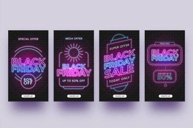 neon Black Friday instagram hikayeleri vektör tasarım illüstrasyonları