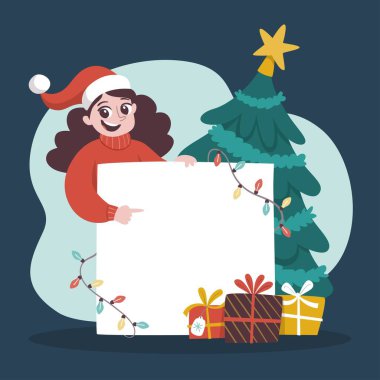 Boş pankart vektör tasarımı illüstrasyonuna sahip noel karakteri