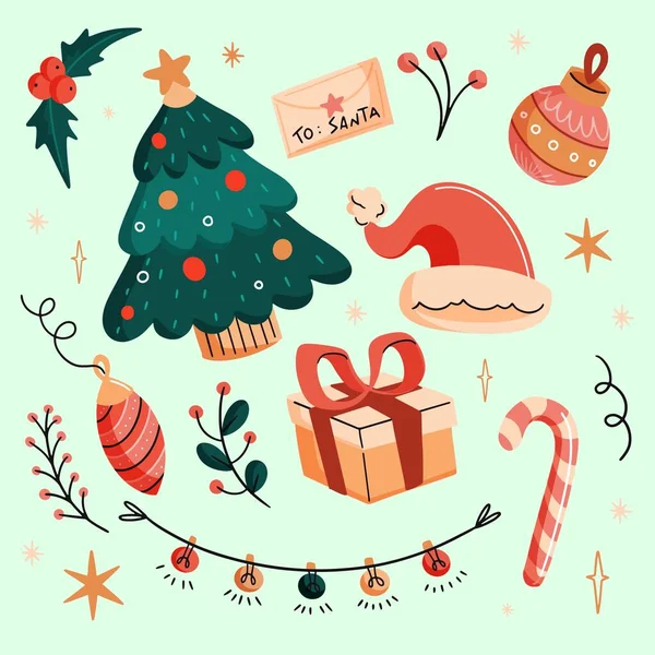 Collezione Disegnato Elementi Natale Disegno Vettoriale Illustrazione — Vettoriale Stock