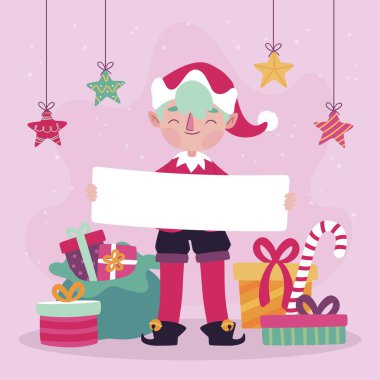 Noel elfi boş pankart vektör tasarımı illüstrasyonu taşıyor