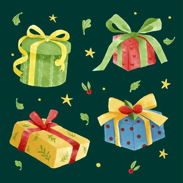Acquerello Natale Regalo Collezione Vettoriale Disegno Illustrazione — Vettoriale Stock