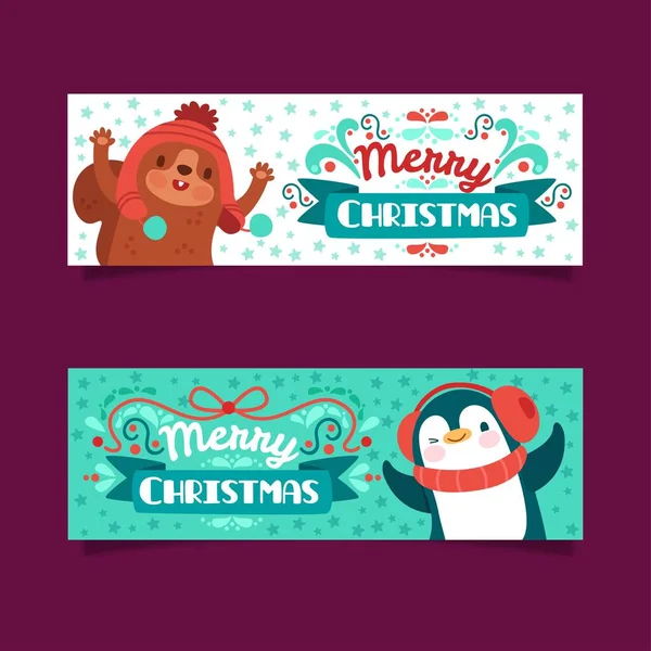 Merry Christmas Banners Cute Animals Vector Design Illustration — Stock Vector
