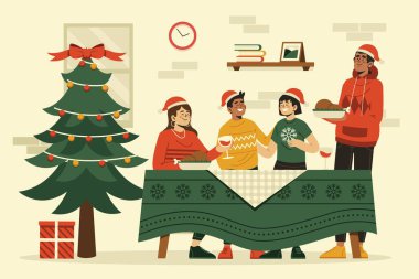 düz noel yemeği sahne vektör tasarımı illüstrasyonu