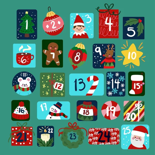 Piatto Natale Avvento Calendario Vettoriale Disegno Illustrazione — Vettoriale Stock