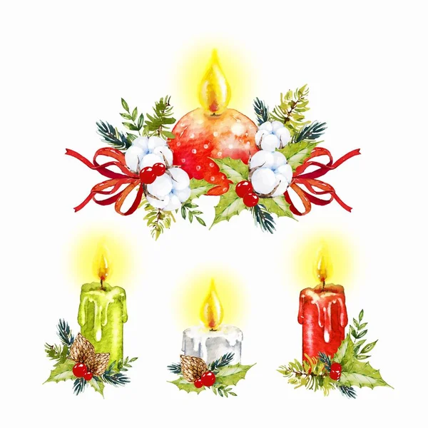 Акварель Рождественская Коллекция Свечей Векторный Дизайн Иллюстрация — стоковый вектор