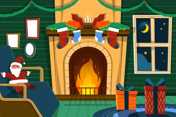 Yılbaşı şömine sahnesi konsepti el çizimi vektör tasarımı illüstrasyonu