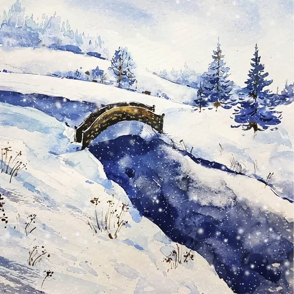 レイクブリッジ冬の風景ベクトルデザインイラスト — ストックベクタ