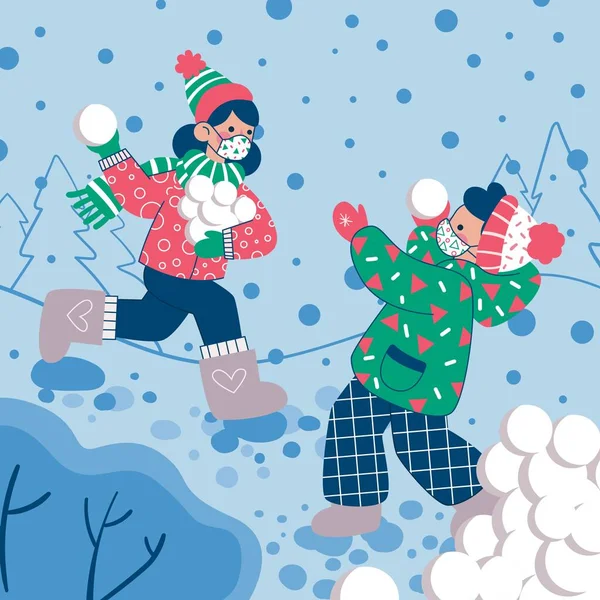 Χριστούγεννα Σκηνή Χιονιού Φορώντας Μάσκες Διανυσματικό Σχεδιασμό Εικονογράφηση — Διανυσματικό Αρχείο