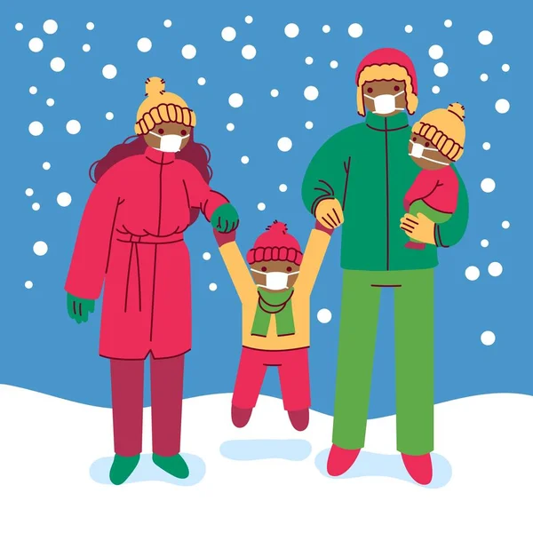 Χριστούγεννα Σκηνή Χιονιού Φορώντας Μάσκες Διανυσματικό Σχεδιασμό Εικονογράφηση — Διανυσματικό Αρχείο