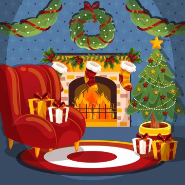 düz noel şömine sahne vektör tasarımı illüstrasyonu