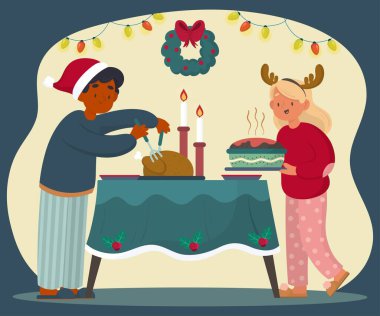 Noel yemeği sahne vektör tasarımı illüstrasyonu