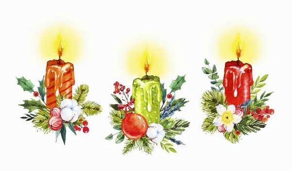 Акварель Рождественские Свечи Набор Векторных Дизайн Иллюстрации — стоковый вектор