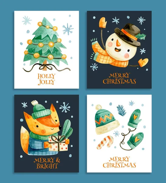 Coleção Bonito Aquarela Natal Cartões Vetor Design Ilustração — Vetor de Stock