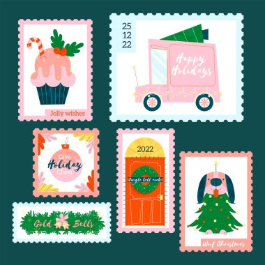 düz noel pul koleksiyonu vektör tasarımı illüstrasyonu