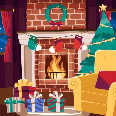El çizimi Noel şömine sahne vektör tasarımı illüstrasyonu