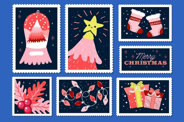 Hand Drawn Christmas Stamp Collection Vector Design Illustration — Stock Vector