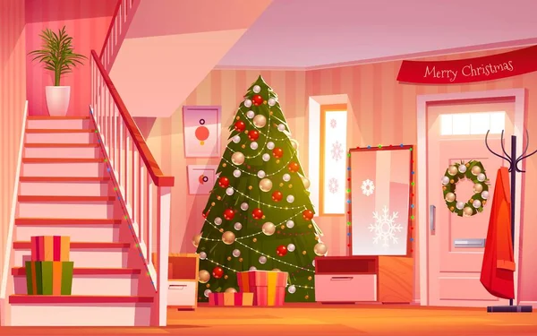 漫画クリスマスホールのインテリアベクトルのデザインイラスト — ストックベクタ