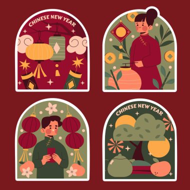 Çin 'in yeni yıl çıkartmaları soyut tasarım vektör illüstrasyonu koleksiyonu