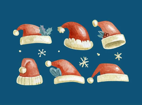 Aquarell Weihnachtsmannhut Sammlung Abstraktes Design Vektor Illustration — Stockvektor