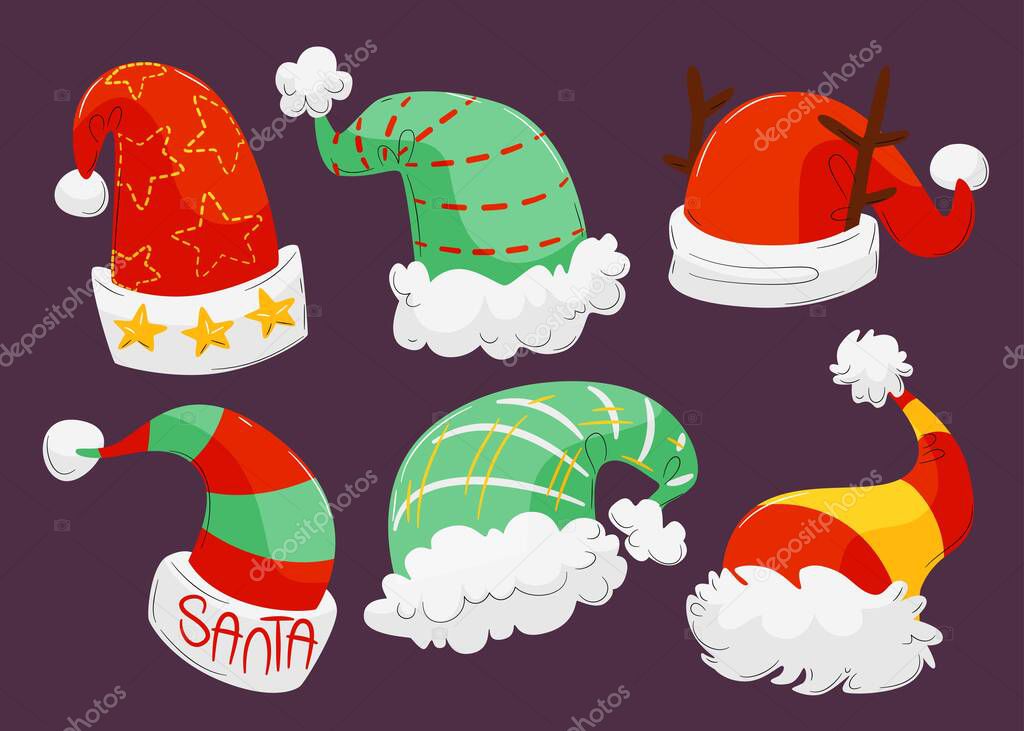 hand drawn flat santa s hat collection abstract design vector illustration