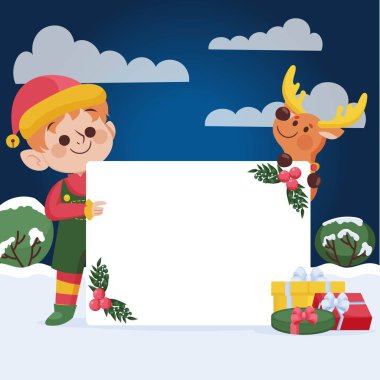 Boş pankart taşıyan düz noel karakteri soyut tasarım vektörü çizimi