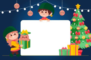 Boş pankart taşıyan düz noel karakteri soyut tasarım vektörü çizimi