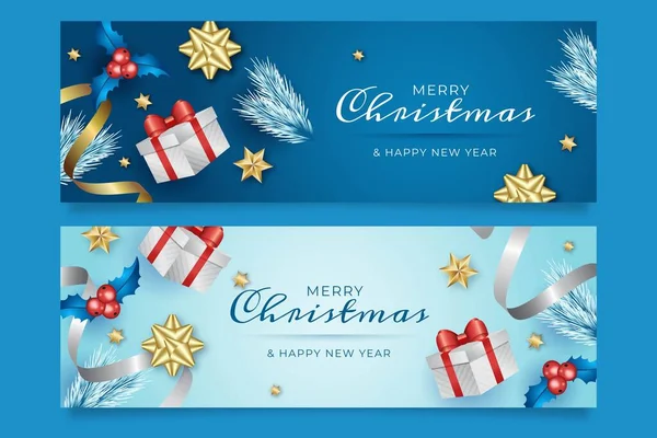 Watercolor Horizontal Christmas Banners Set Abstract Design Vector Illustration — Vetor de Stock
