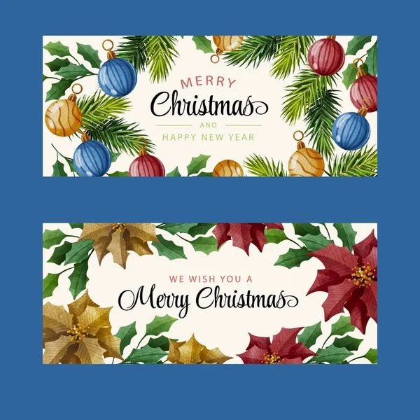 Watercolor Christmas Horizontal Banners Set Abstract Design Vector Illustration — Stock Vector