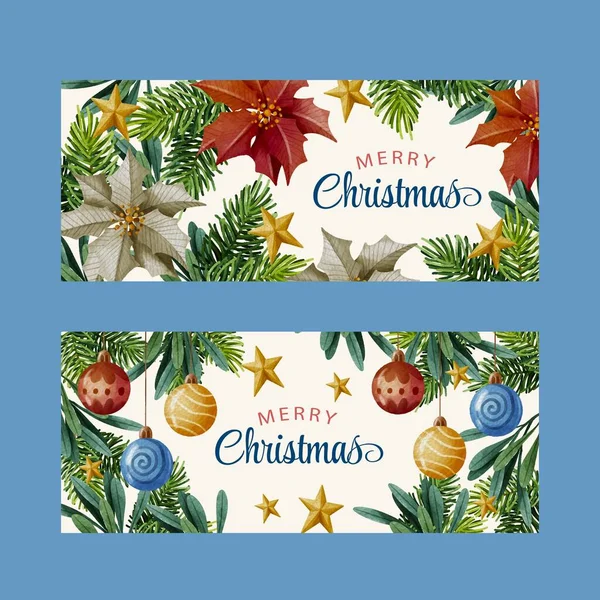 Watercolor Christmas Horizontal Banners Set Abstract Design Vector Illustration — Vetor de Stock