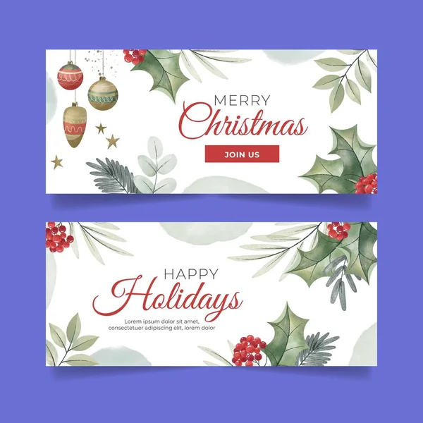 Watercolor Christmas Horizontal Banners Set Abstract Design Vector Illustration — Stockvektor