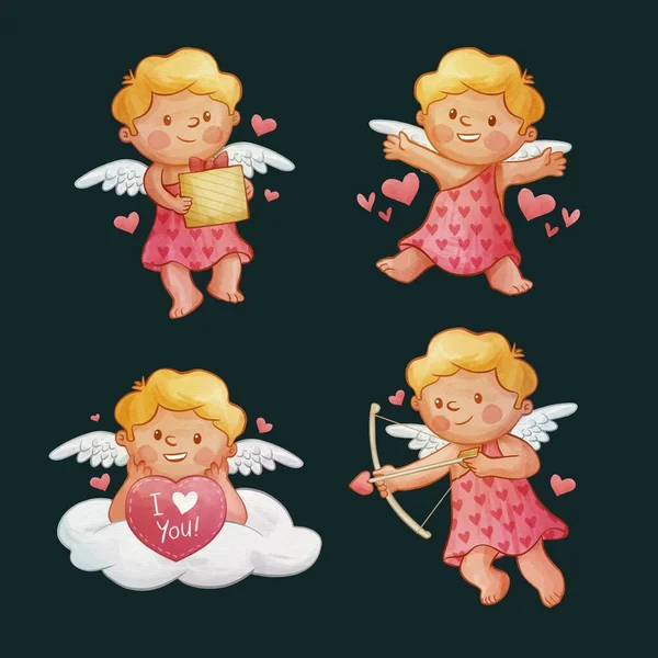 Aquarela Dia Dos Namorados Cupido Personagens Coleção Design Vetor Ilustração —  Vetores de Stock
