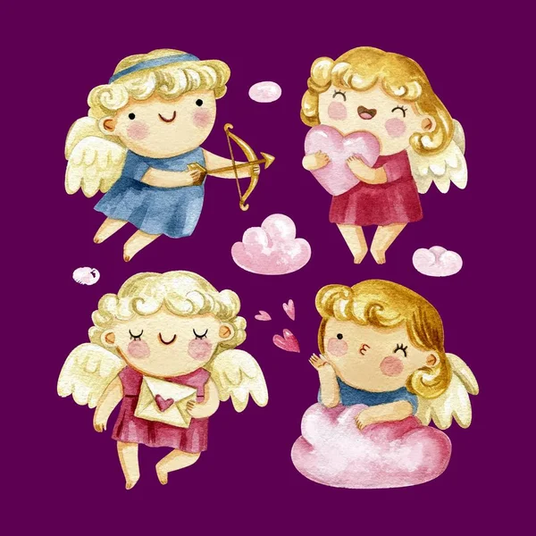 Aquarela Dia Dos Namorados Cupido Personagens Coleção Design Vetor Ilustração —  Vetores de Stock