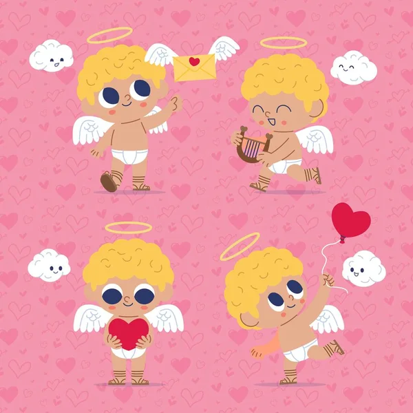 Dia Dos Namorados Plano Cupido Personagens Coleção Design Vetor Ilustração —  Vetores de Stock